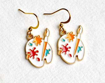 Artist earrings, Funky colourful friend gift, Paint palette, artsy gift, painter gift, huggie hoops or ear wires
