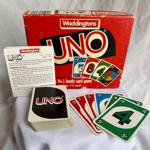 Juego de cartas familiar UNO Waddingtons vintage de 1985: juego completo en su caja original