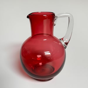 Antique Victorian Cranberry Glass Jug, Hand Blown Red Pitcher with Applied Clear Handle, Ground Pontil Mark - Choice of 2