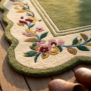 May include: A rectangular rug with a solid olive green centre and a cream-coloured border featuring a scalloped edge. The border is decorated with a tufted floral pattern in shades of pink, yellow, dark green, and blue, creating a textured design.