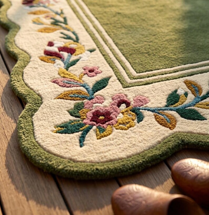 May include: A rectangular rug with a solid olive green centre and a cream-coloured border featuring a scalloped edge. The border is decorated with a tufted floral pattern in shades of pink, yellow, dark green, and blue, creating a textured design.