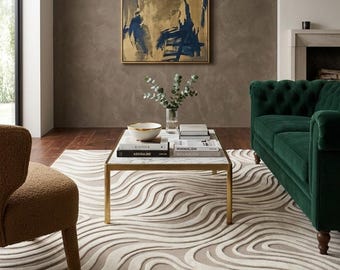 Tappeto topografico 3D trapuntato a mano / Tappeto moderno ondulato beige / Motivo astratto a spirale alta e bassa