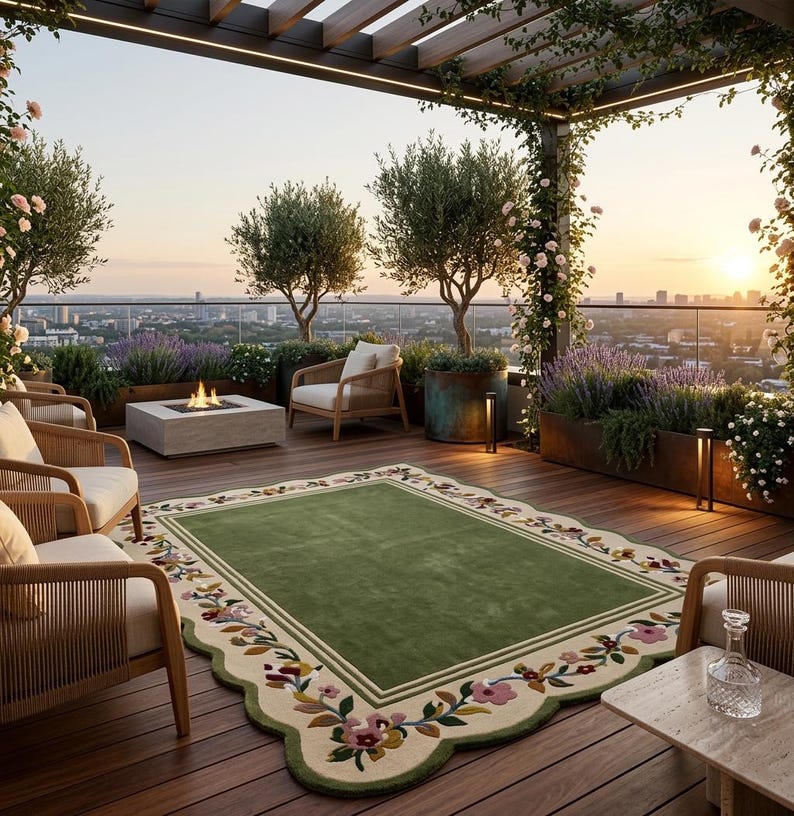 May include: A rectangular area rug featuring a solid green centre, a cream-coloured border, and a scalloped edge decorated with a colourful floral pattern of pink, red, and yellow flowers with green leaves, placed on a wooden deck.