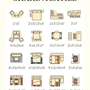 May include: A rug size guide chart titled SHAHINTEXTILE featuring sixteen icons illustrating various rug placements in rooms. Each icon includes specific dimensions in feet, such as 2'x3', 3'x5', and 9'x12', alongside labels for Living Room, Bedroom, Dining Room, and Hallway.