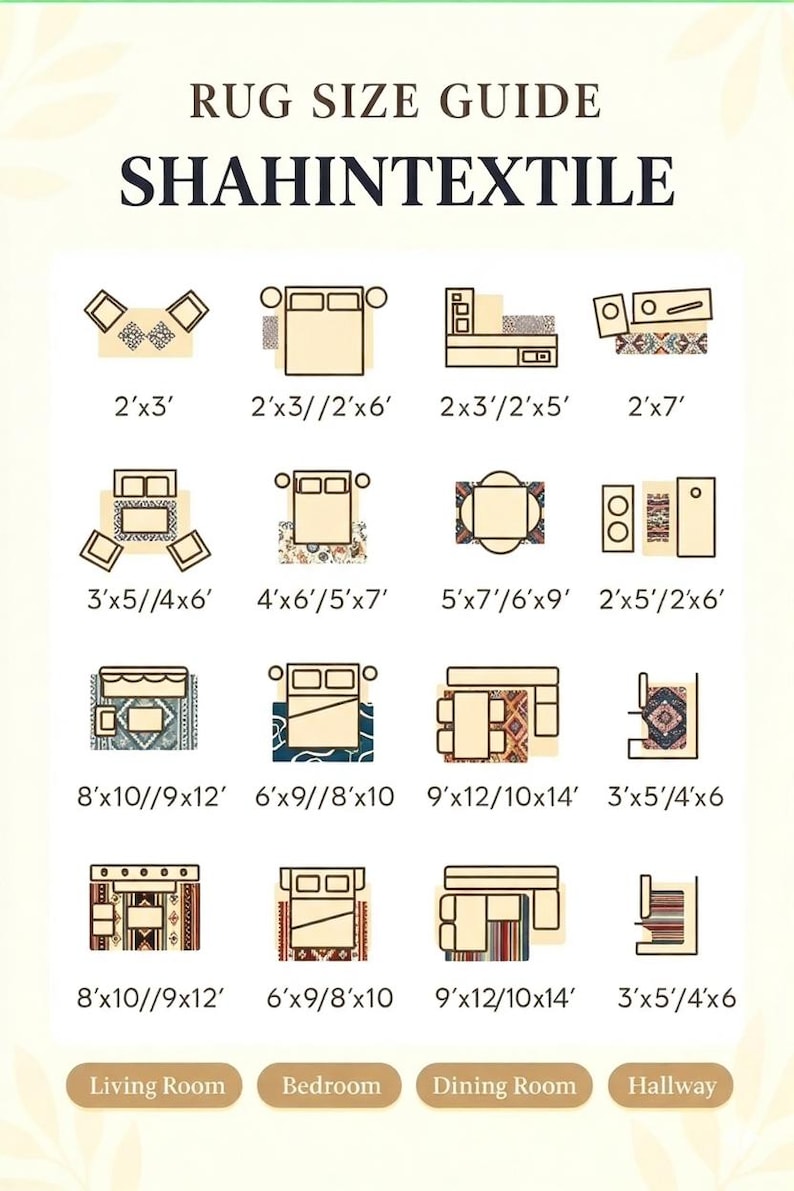 May include: A rug size guide chart titled SHAHINTEXTILE featuring sixteen icons illustrating various rug placements in rooms. Each icon includes specific dimensions in feet, such as 2'x3', 3'x5', and 9'x12', alongside labels for Living Room, Bedroom, Dining Room, and Hallway.