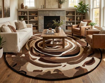 Round Hand Tufted New Zealand Wool Area Rug | Abstract Brown Rose Swirl Pattern | Modern Beige Circular Carpet for Earthy Home Decor