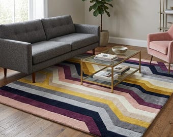 Hand Tufted Wool Rug | Modern Art Deco Geometric Carpet | Colorful Angular Line Area Rug | Thick Pile Custom Size Rug | Contemporary Decor