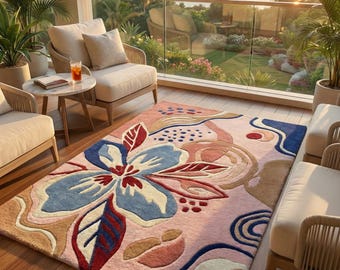 Hand-Tufted Area Rug Cherry Blossom, Indian Wool, Pastel Pink Floral
