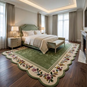 May include: A large rectangular area rug with a scalloped edge, featuring a solid sage green centre and a wide cream-coloured border decorated with a colourful floral vine pattern in shades of pink, yellow, and green, placed on a dark wood floor.
