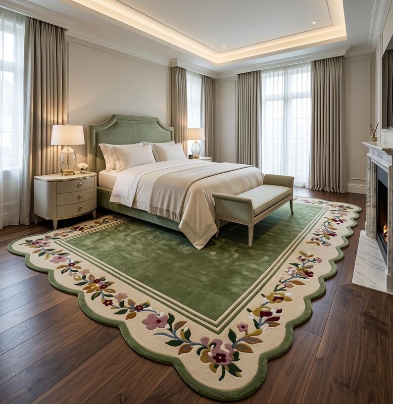May include: A large rectangular area rug with a scalloped edge, featuring a solid sage green centre and a wide cream-coloured border decorated with a colourful floral vine pattern in shades of pink, yellow, and green, placed on a dark wood floor.