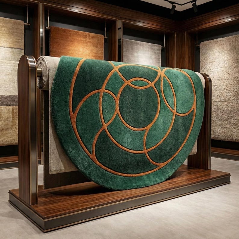May include: A green and brown circular rug with an abstract geometric design is displayed on a wooden rack. The rug has a dark green background with a repeating pattern of brown circles and lines. Other rugs are visible in the background.