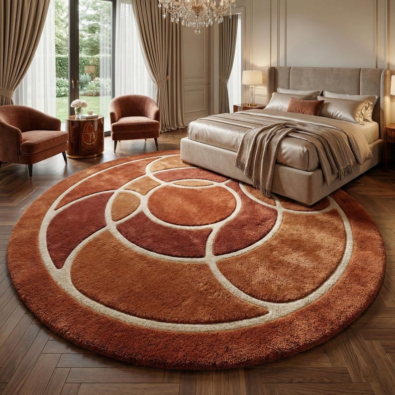 May include: A large, round area rug with a geometric design in shades of brown, orange, and cream. The rug is placed in a bedroom setting, with a bed, chairs, and a side table visible in the background. The rug's design features concentric circles and curved lines.