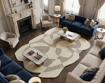Hand Tufted Woolen Carpet 8x10, Irregular Shape Cream Beige Area Rug, Abstract Geometric Neutral Floor Covering, Contemporary Living Room