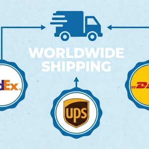 May include: A graphic illustration on a light blue background featuring a blue delivery truck icon above the text WORLDWIDE SHIPPING. Below are three circular blue scalloped badges containing the FedEx, UPS, and DHL company logos.