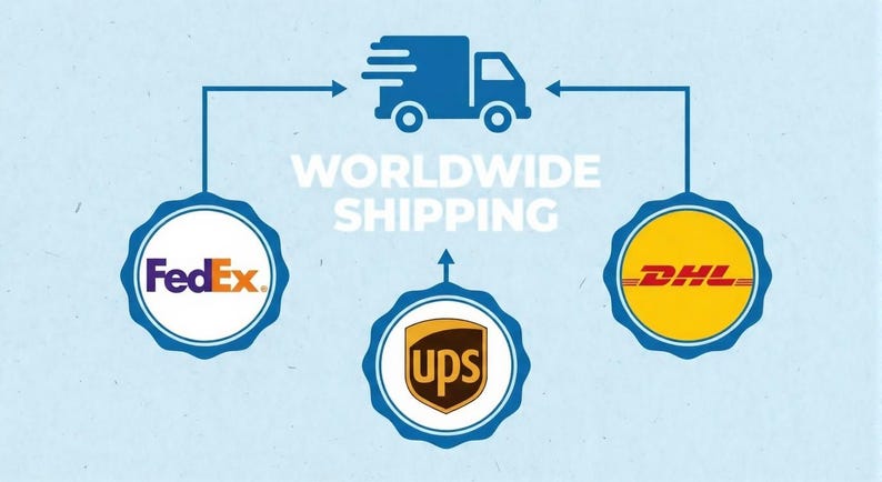 May include: A graphic illustration on a light blue background featuring a blue delivery truck icon above the text WORLDWIDE SHIPPING. Below are three circular blue scalloped badges containing the FedEx, UPS, and DHL company logos.