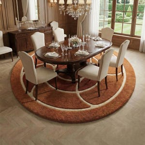 May include: A formal dining room with a large oval wooden table set for a meal. Six cream-colored chairs surround the table, which is set on a round, orange and white patterned rug. A chandelier hangs above the table.