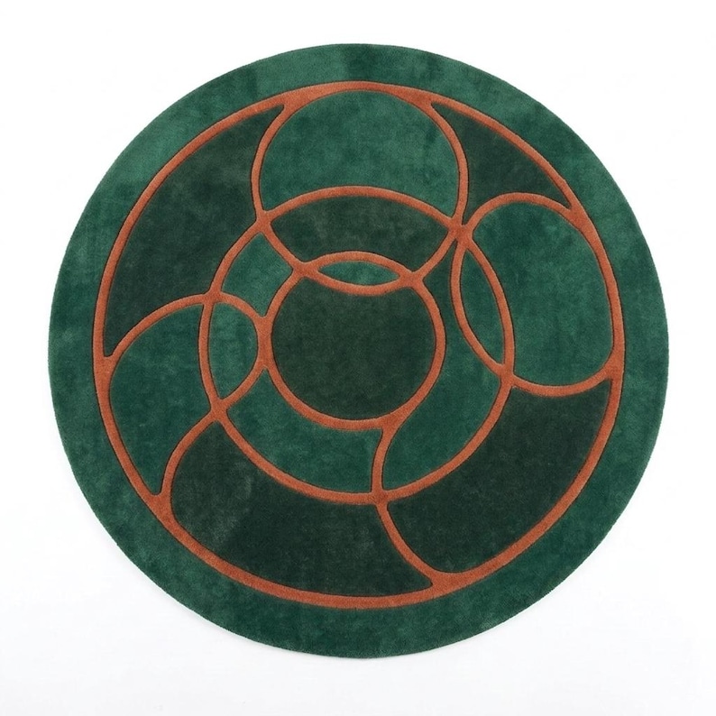 Modern Abstract Circle Rug, Round Terracotta Rug, Burnt Orange & Beige Bedroom Carpet Dk Green & Rust