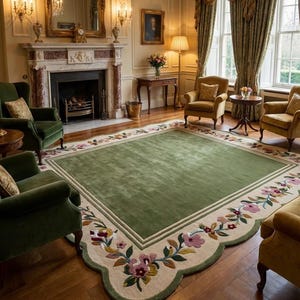 May include: A large, rectangular area rug featuring a solid sage green centre bordered by a cream-coloured scalloped edge. The border is decorated with a repeating floral pattern in shades of pink, red, yellow, and green, with a thin green line.