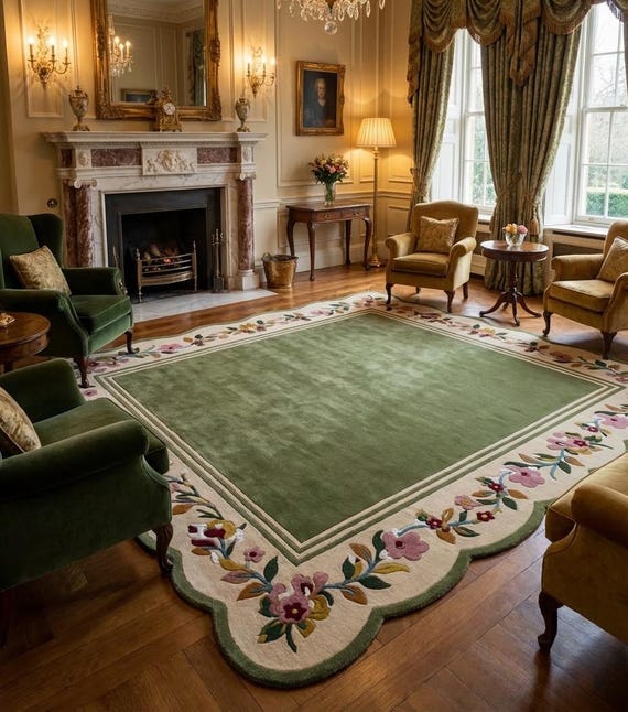 Olive Green Scalloped Rug | Hand Tufted Wool Floral Border Area Carpet