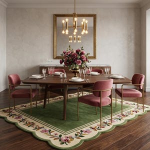 May include: A dining room set featuring a dark wood table with rounded edges, surrounded by six pink velvet chairs with gold metal frames. A green area rug with a scalloped edge and floral border sits beneath the table and chairs.