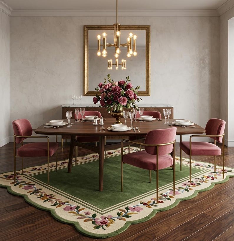 May include: A dining room set featuring a dark wood table with rounded edges, surrounded by six pink velvet chairs with gold metal frames. A green area rug with a scalloped edge and floral border sits beneath the table and chairs.
