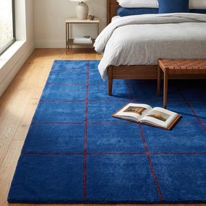 May include: A rectangular area rug featuring a vibrant blue base color with a grid pattern formed by thin, dark red lines. The rug has a soft, plush texture and is positioned on a light-colored wooden floor, extending under a wooden bed frame.