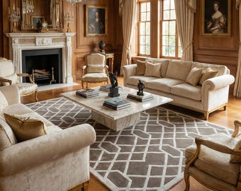Geometric Trellis Rug Modern Area Rug Grey Hand Tufted Wool Rug Custom Size Interlocking Diamond Pattern Luxury Living Room Bedroom