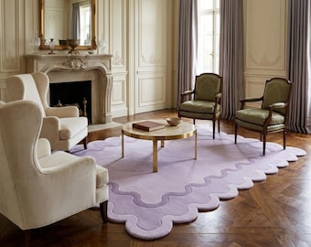 Hand Tufted Wool Rug Scalloped Edge Lilac Wavy Border Pastel Area Carpet Minimalist Lavender Room Decor Nursery Bedroom