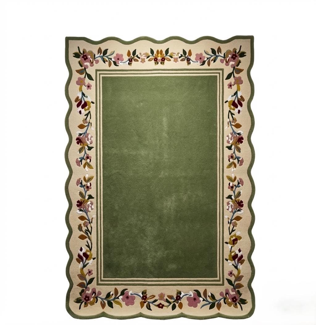 Olive Green Scalloped Rug | Hand Tufted Wool Floral Border Area Carpet ...