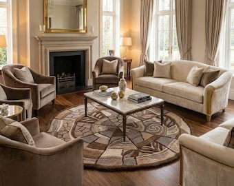 Hand-Tufted Wool Rug, 3D Mosaic Wood Slice, Earth Tone Organic Carpet