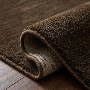 May include: Close-up of a rolled-up brown rug with a textured surface. The rug's edge is visible, revealing a contrasting beige backing with text. The rug is placed on a wooden floor.