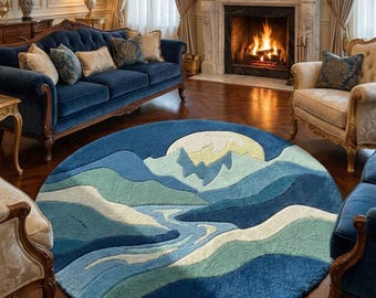 Hand Tufted Abstract Mountain Landscape Round Rug | Blue Nature Boho Carpet | Scenery Area Rug