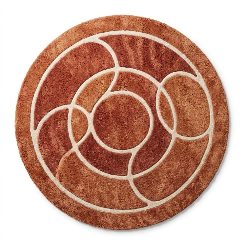 Modern Abstract Circle Rug, Round Terracotta Rug, Burnt Orange & Beige Bedroom Carpet Terracotta
