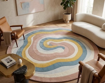 Hand-Tufted Abstract Swirl Round Rug, Pastel Wavy Carpet | Modern Asthatic Area Rug for Bedroom