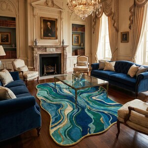 May include: An opulent living room with a blue and green abstract rug, two navy sofas, and a glass coffee table. The room includes a fireplace, bookshelves, and a crystal chandelier, creating an elegant atmosphere.