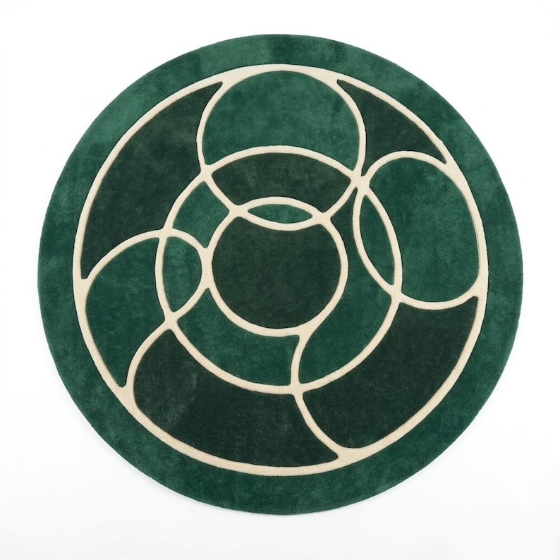 Modern Abstract Circle Rug, Round Terracotta Rug, Burnt Orange & Beige Bedroom Carpet Dk Green & Beige