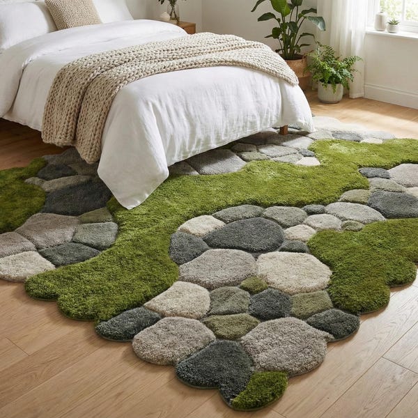 Tapis 3D en laine, galets et mousse, forme organique, tapis en pierre, sol forestier inspiré de la nature, tapis botanique vert irrégulier