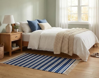 Handwoven Navy Blue White Striped Dhurrie Rug | Coastal Flatweave Cotton Floor Mat