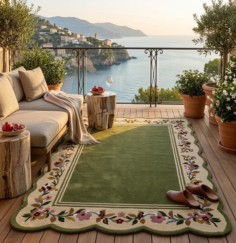 May include: A rectangular area rug featuring a solid olive green centre, a cream-coloured border, and a scalloped edge decorated with embroidered floral vines in shades of pink, yellow, and brown, placed on a wooden deck with brown leather slippers.