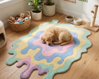 Irregular Abstract Carpet | Wavy Squiggly Blob Shape | Hand Tufted Wool | Pastel Kawaii Room Accent | Funky Danish Vibe | Bhadohi Handmade