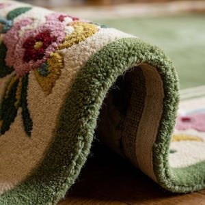 May include: A tufted area rug featuring a cream-coloured background with a floral pattern in shades of pink, yellow, and dark green. The rug has a thick, textured pile and a solid sage green border, shown folded to reveal the woven backing structure.