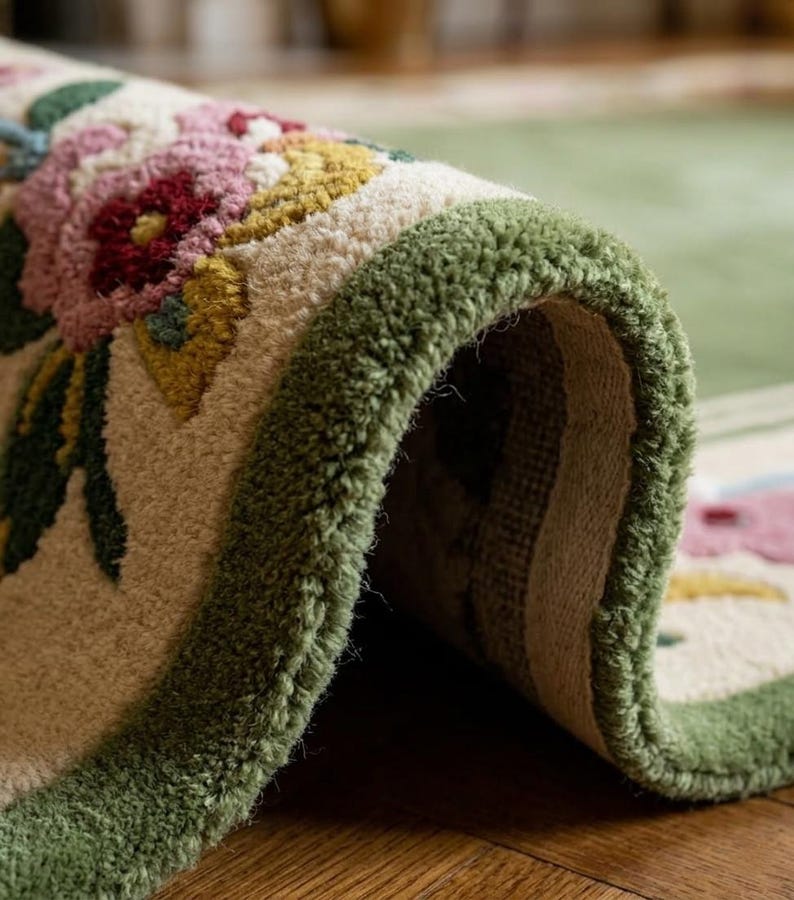 May include: A tufted area rug featuring a cream-coloured background with a floral pattern in shades of pink, yellow, and dark green. The rug has a thick, textured pile and a solid sage green border, shown folded to reveal the woven backing structure.