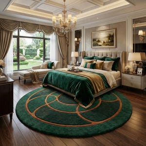 May include: A luxurious bedroom featuring a large bed with a green velvet bedspread and gold accents. A round green rug with a geometric design sits on the hardwood floor. The room includes a chandelier, large windows, and elegant furniture.