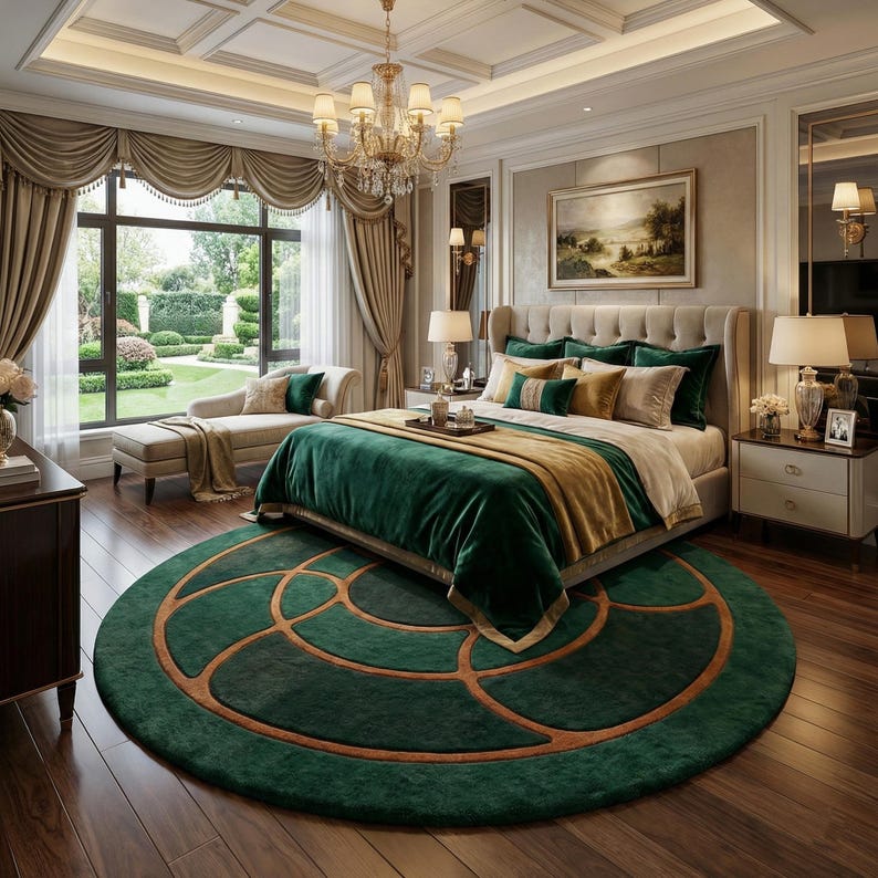 May include: A luxurious bedroom featuring a large bed with a green velvet bedspread and gold accents. A round green rug with a geometric design sits on the hardwood floor. The room includes a chandelier, large windows, and elegant furniture.