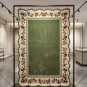 May include: A rectangular rug with a scalloped edge, featuring a solid olive green centre framed by a cream-coloured border. The border is decorated with a continuous floral vine pattern in shades of pink, yellow, burgundy, and green leaves.
