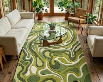 Hand Tufted Wool Rug, Modern Abstract Area Carpet, Green Liquid Drip Design Rug, Contemporary Psychedelic Floor Decor for Living Room