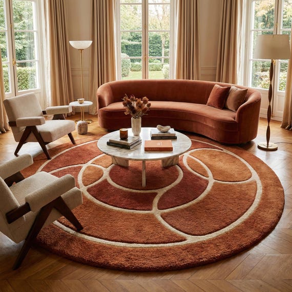 Modern Abstract Circle Rug, Round Terracotta Rug, Burnt Orange & Beige Bedroom Carpet