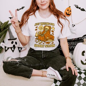 Just Waiting for Halloween Shirt, Cozy Skeleton Fall Tee, Funny October Lover T-Shirt, Spooky Season Gift, Halloween Digital Art