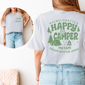 Custom Camp Bachelorette Shirt, Happy Camper Bride Shirt, Camping Bachelorette Party Tee, Summer Camp Theme, Bridesmaid Gift, Retro Bride