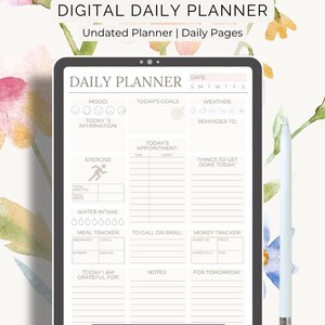 Könnte beinhalten: Digitales tägliches Planervorlage mit einem sauberen, minimalistischen Design. Der Planer enthält Abschnitte für die Tagesplanung, einschließlich Stimmungsverfolgung, Ziele, Termine, Bewegung, Wasseraufnahme, Essensverfolgung und einen Geld-Tracker. Der Text "Download Now" ist ebenfalls enthalten.